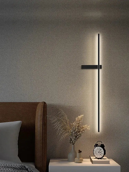 Modern minimalist black long strip wall lamp for bedroom integrated led