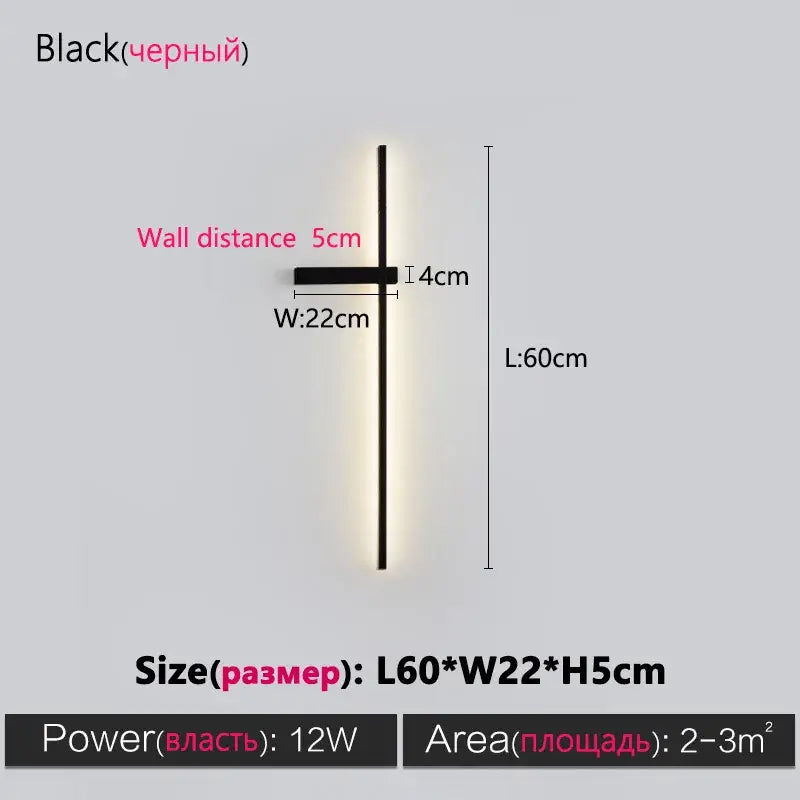 Modern minimalist black long strip wall lamp for bedroom integrated led