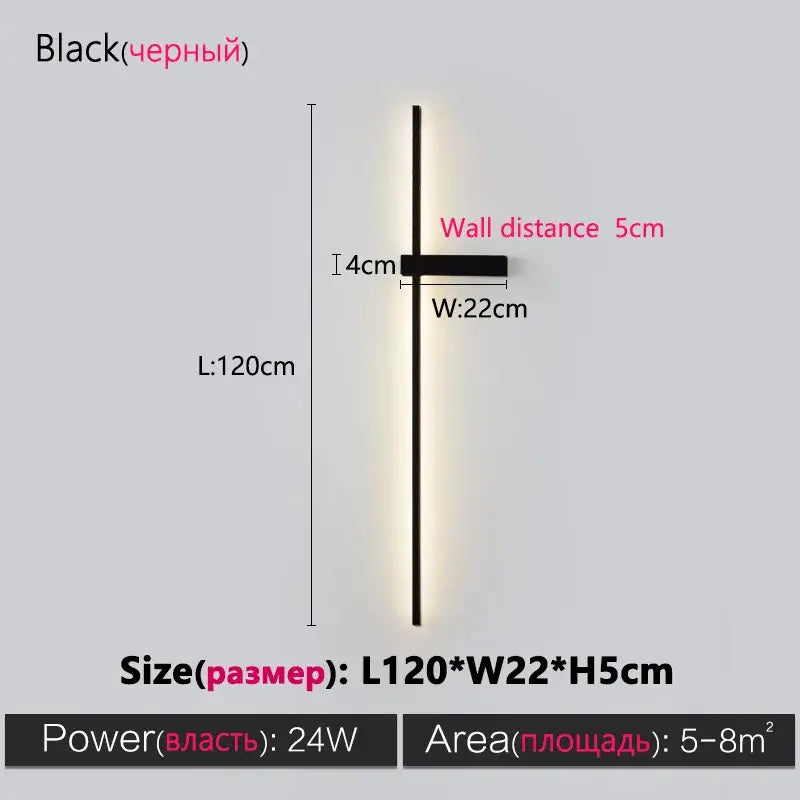 Modern minimalist black long strip wall lamp for bedroom integrated led