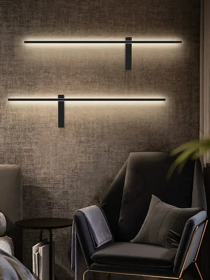 Modern minimalist black long strip wall lamp for bedroom integrated led
