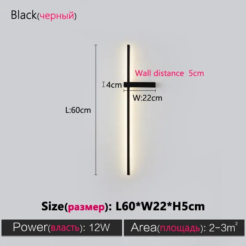 Modern minimalist black long strip wall lamp for bedroom integrated led
