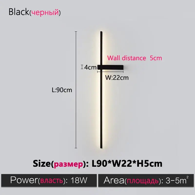 Modern minimalist black long strip wall lamp for bedroom integrated led