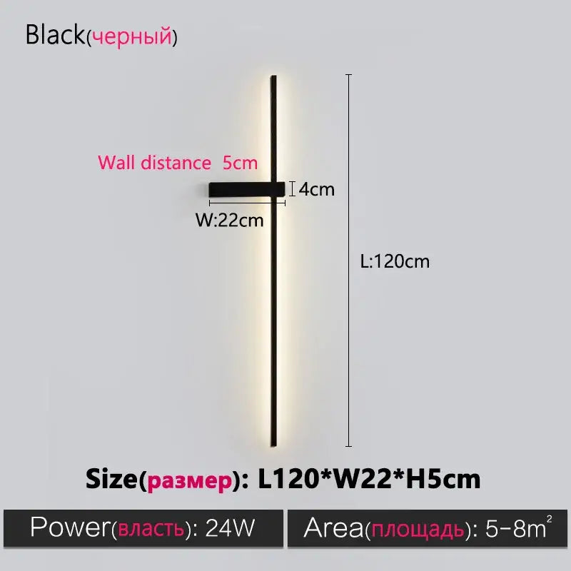 Modern minimalist black long strip wall lamp for bedroom integrated led