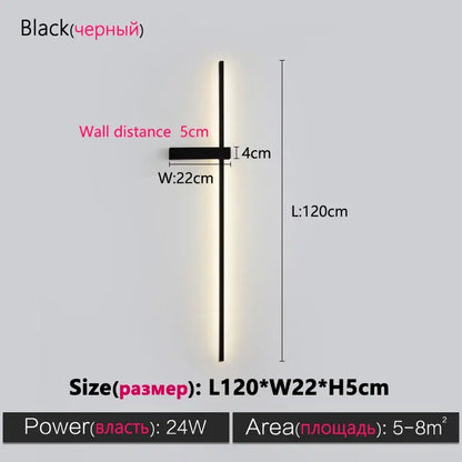 Modern minimalist black long strip wall lamp for bedroom integrated led