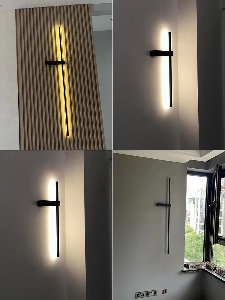 Modern minimalist black long strip wall lamp for bedroom integrated led