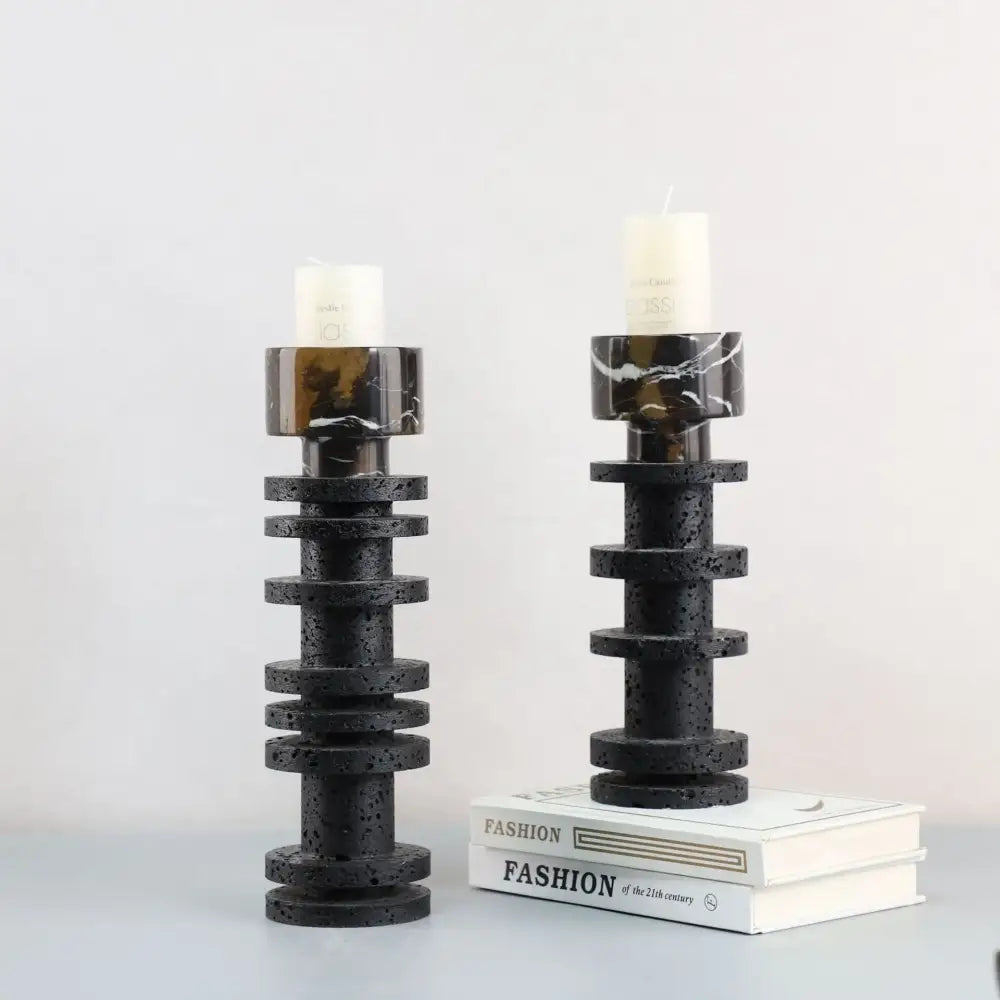 Modern black terrazzo & brown marble candle holder dining room decor