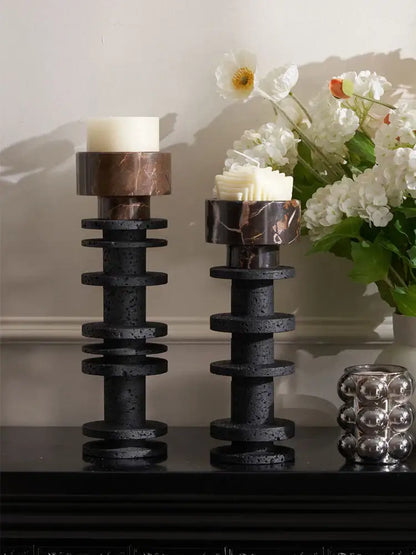 Elegant black & brown marble pillar candlestick dining room set