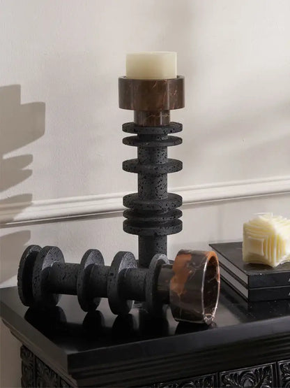 Elegant black & brown marble pillar candlestick dining room set