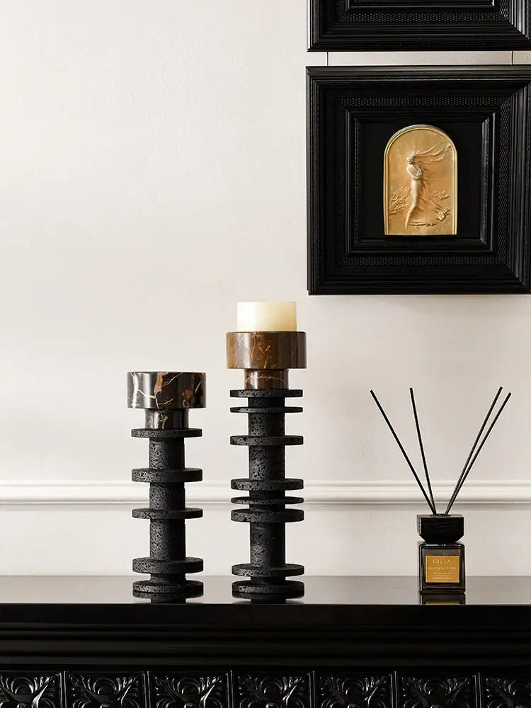Elegant black & brown marble pillar candlestick dining room set