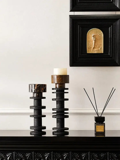 Elegant black & brown marble pillar candlestick dining room set