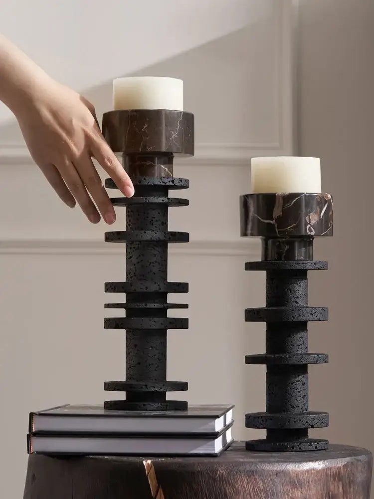 Elegant black & brown marble pillar candlestick dining room set