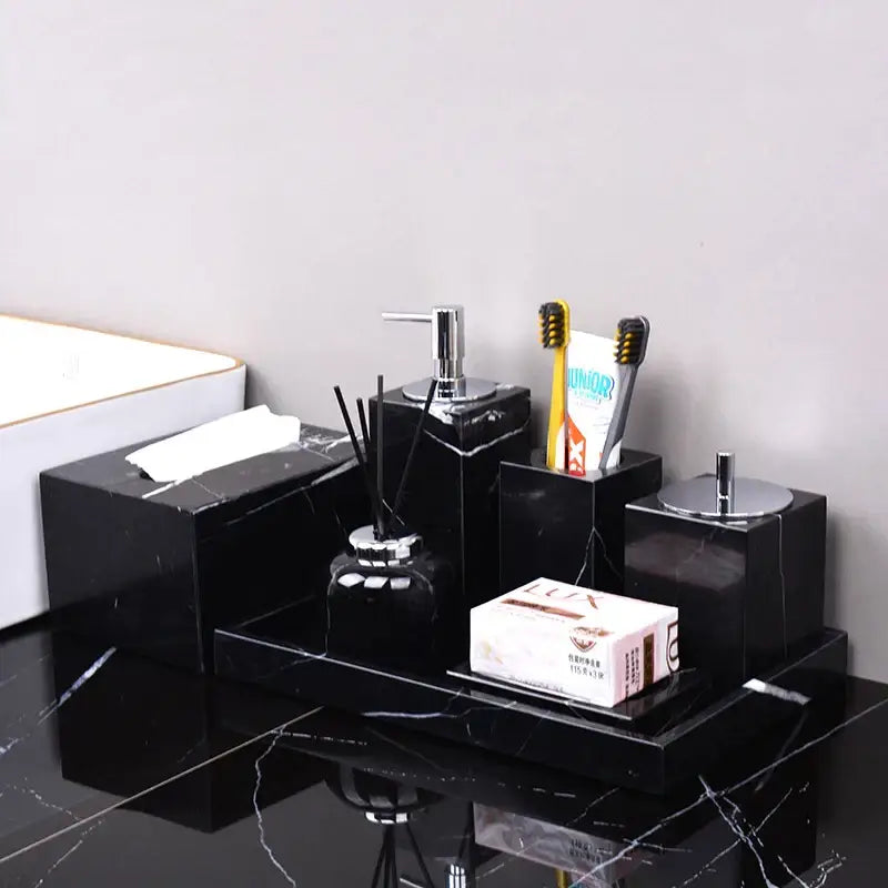 Black marquina marble bathroom set with gold handles