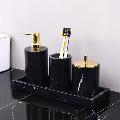 Black marquina marble bathroom set with gold handles