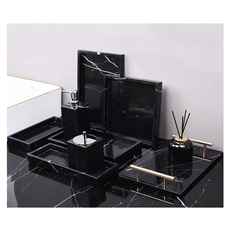Black marquina marble bathroom set with gold handles