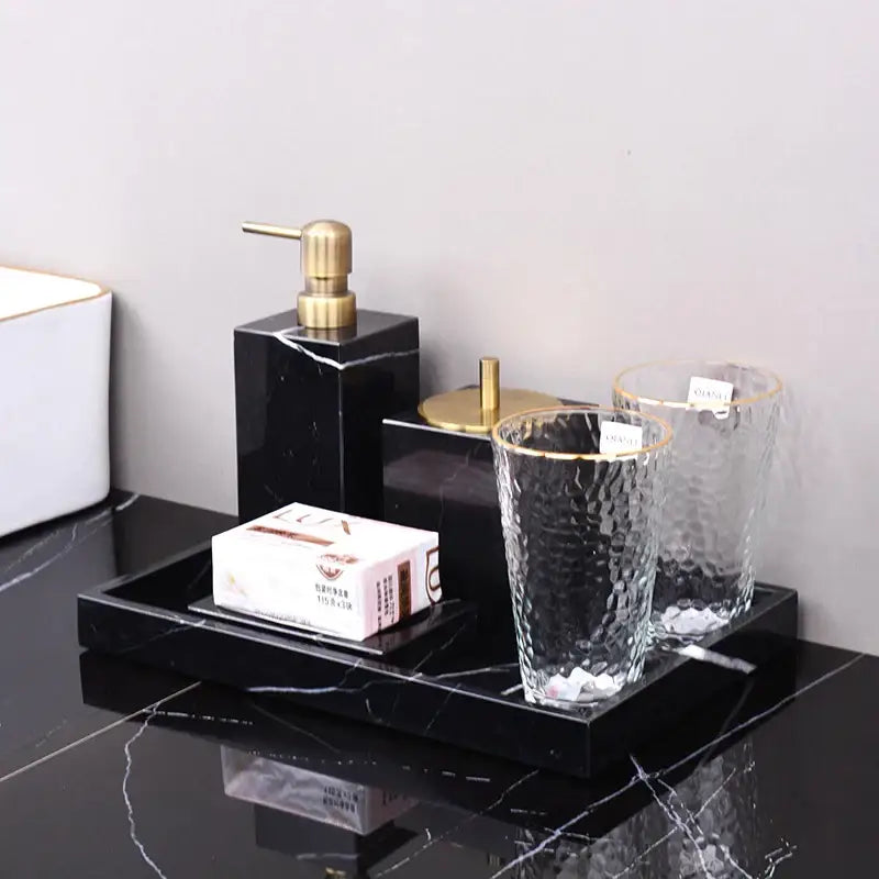 Black marquina marble bathroom set with gold handles