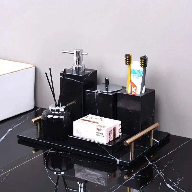 Black marquina marble bathroom set with gold handles
