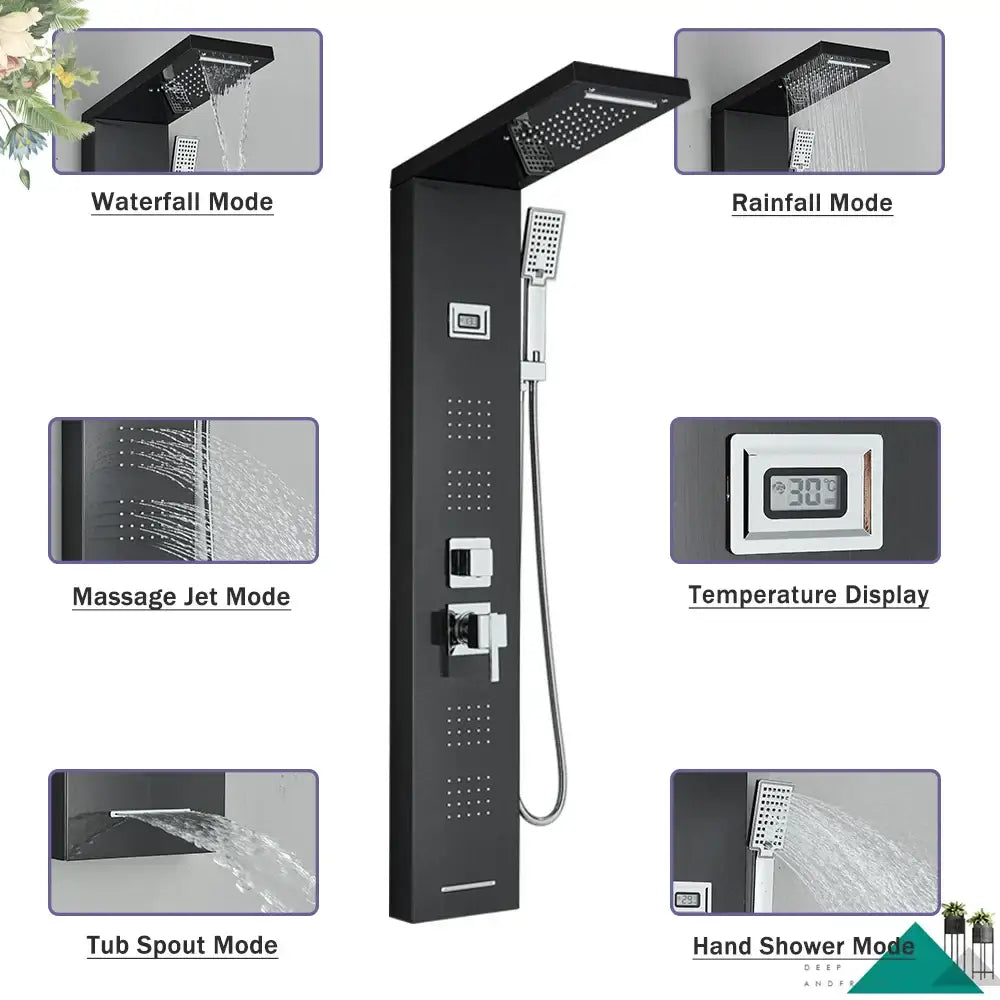 Modern black massage jet rainfall shower panel bathroom tower