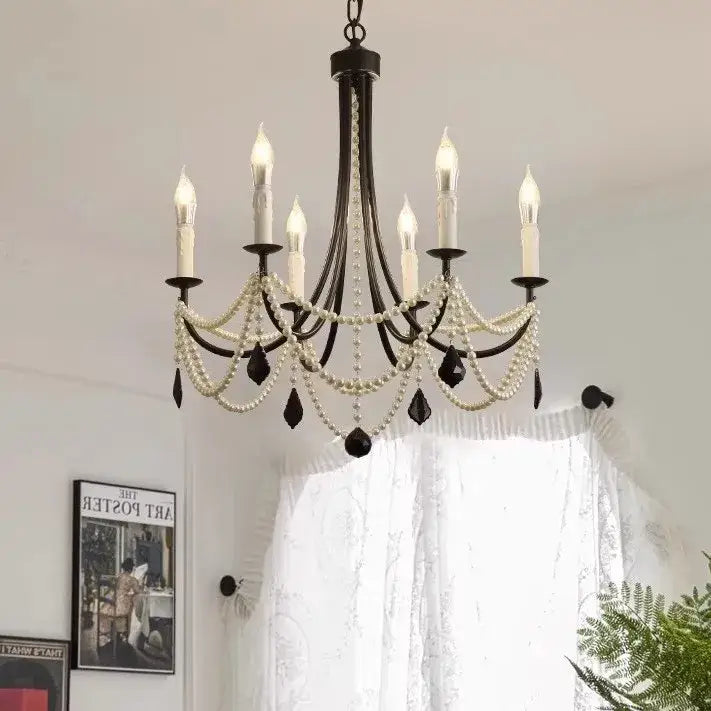 black metal led candle pearl chandelier dining room light