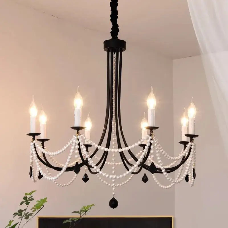 black metal led candle pearl chandelier dining room light