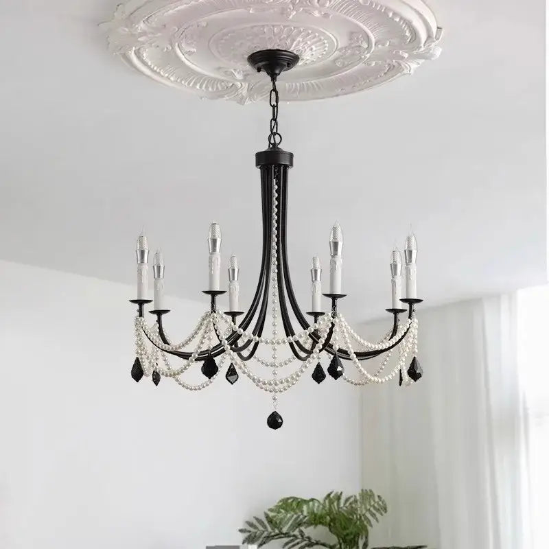 black metal led candle pearl chandelier dining room light