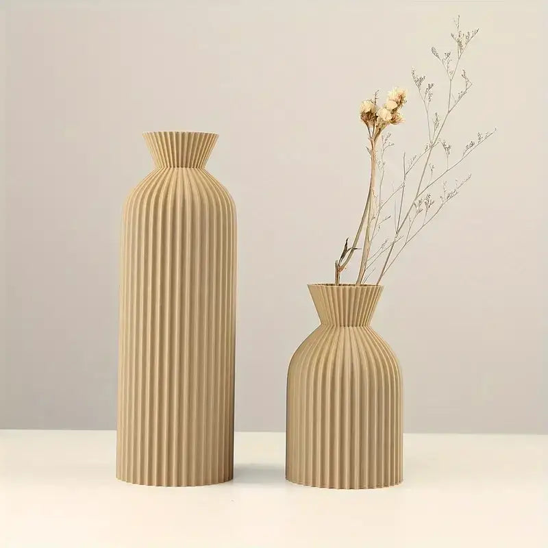 Modern pleated black plastic vase set of 4 living room decor matte black & beige ribbed design