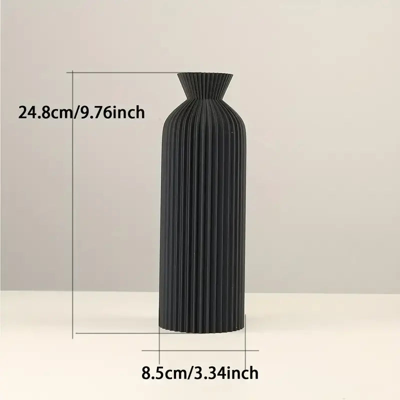 Modern pleated black plastic vase set of 4 living room decor matte black & beige ribbed design