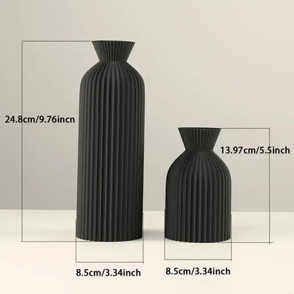 Modern pleated black plastic vase set of 4 living room decor matte black & beige ribbed design