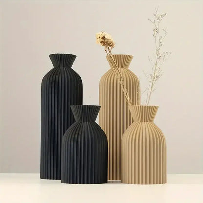 Modern pleated black plastic vase set of 4 living room decor matte black & beige ribbed design