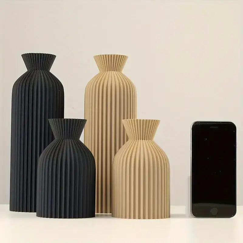 Modern pleated black plastic vase set of 4 living room decor matte black & beige ribbed design