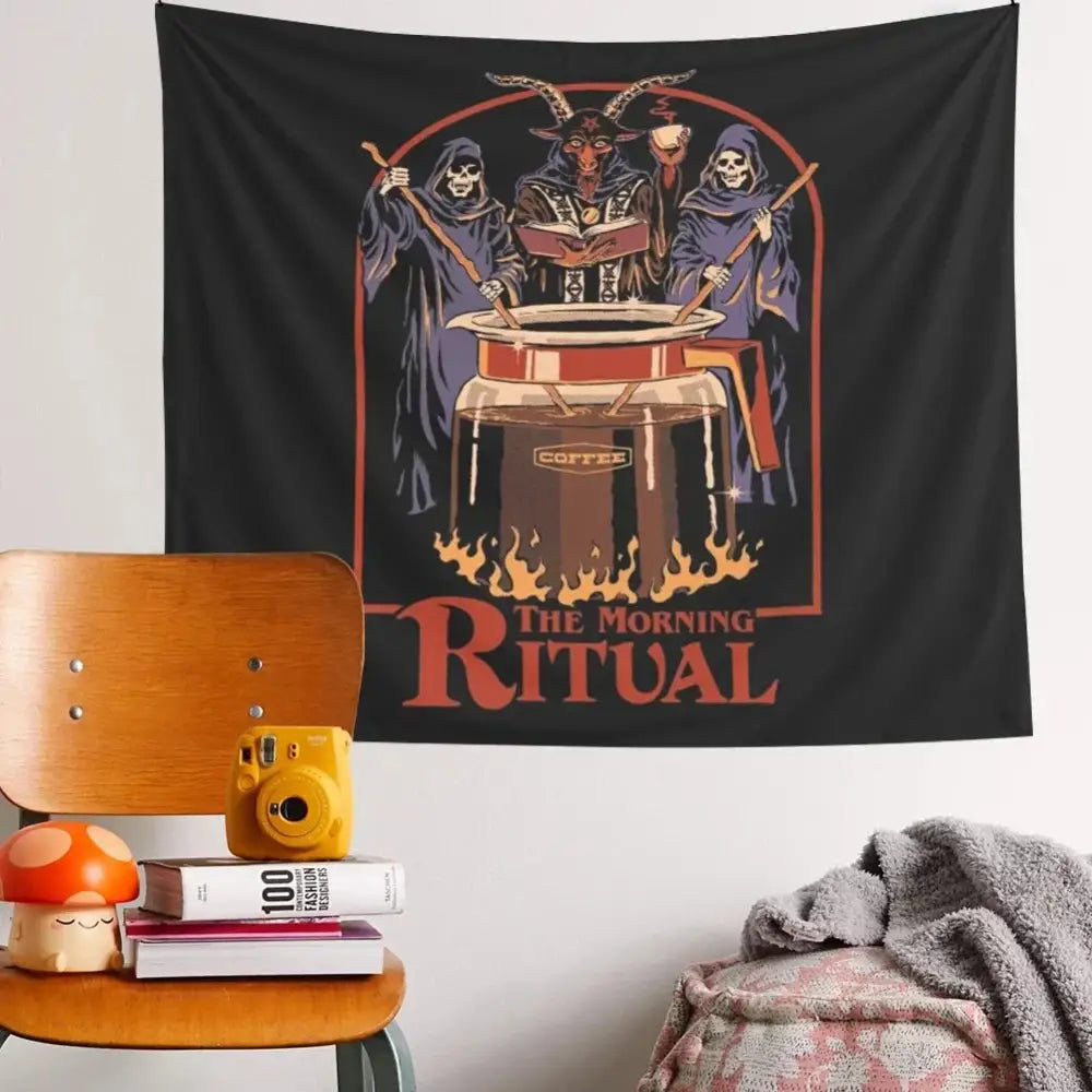 black psychedelic tapestry morning ritual bedroom wall art