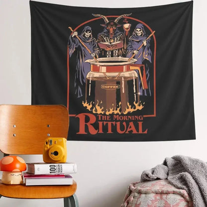black psychedelic tapestry morning ritual bedroom wall art