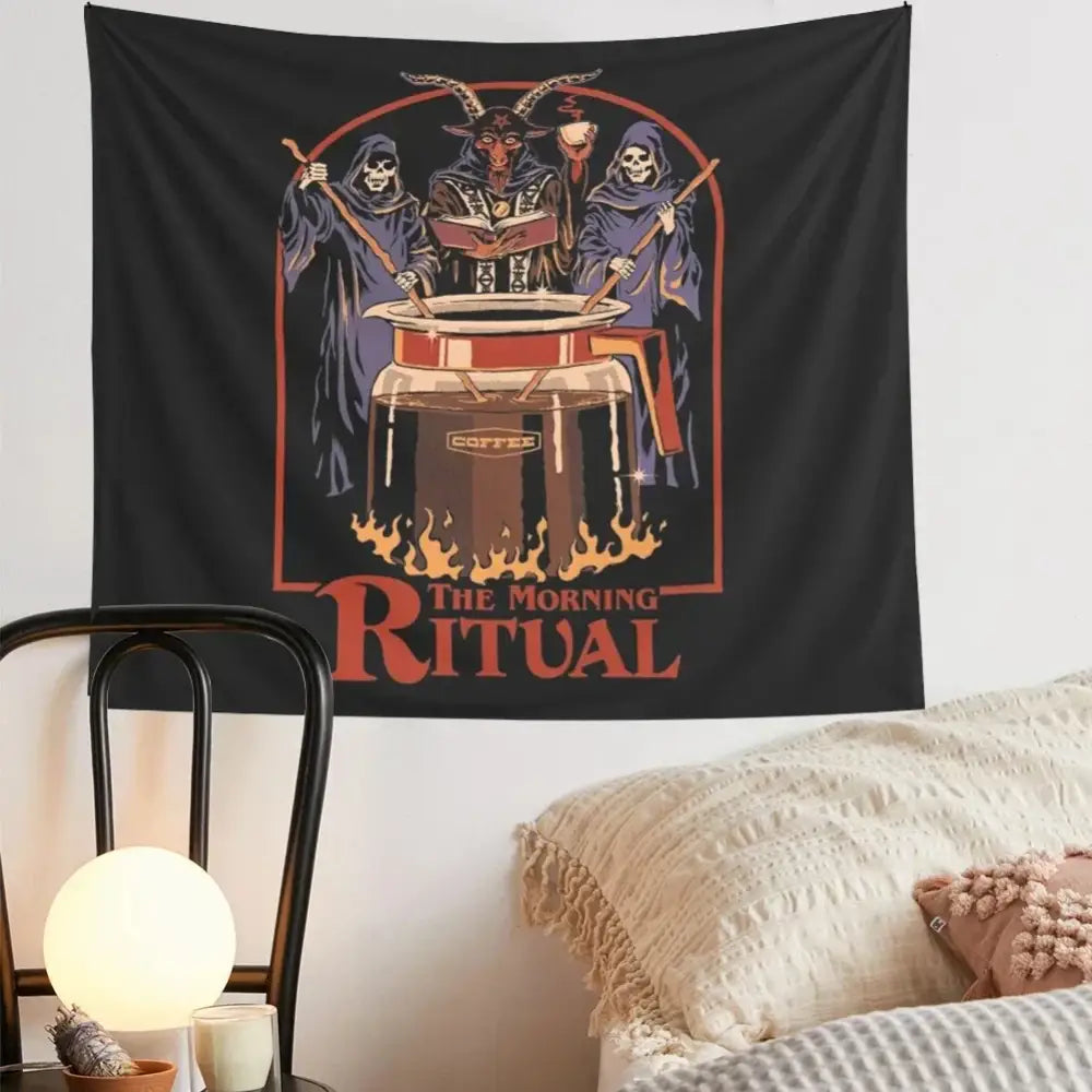 black psychedelic tapestry morning ritual bedroom wall art
