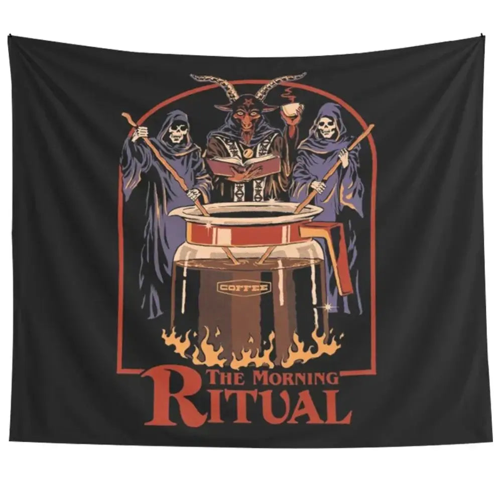 black psychedelic tapestry morning ritual bedroom wall art