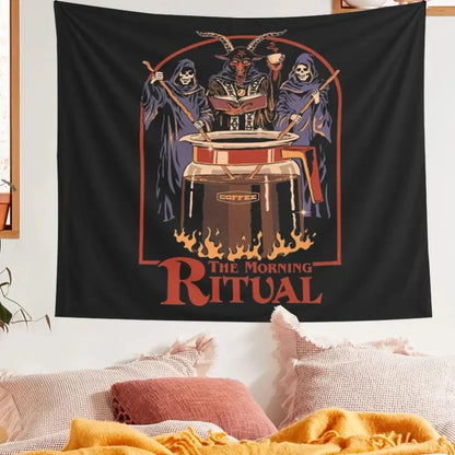 black psychedelic tapestry morning ritual bedroom wall art