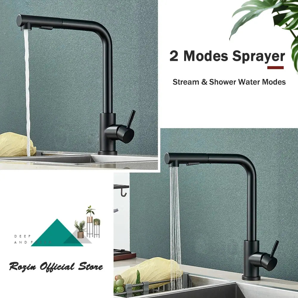 black pull out kitchen faucet with dual mode nozzle