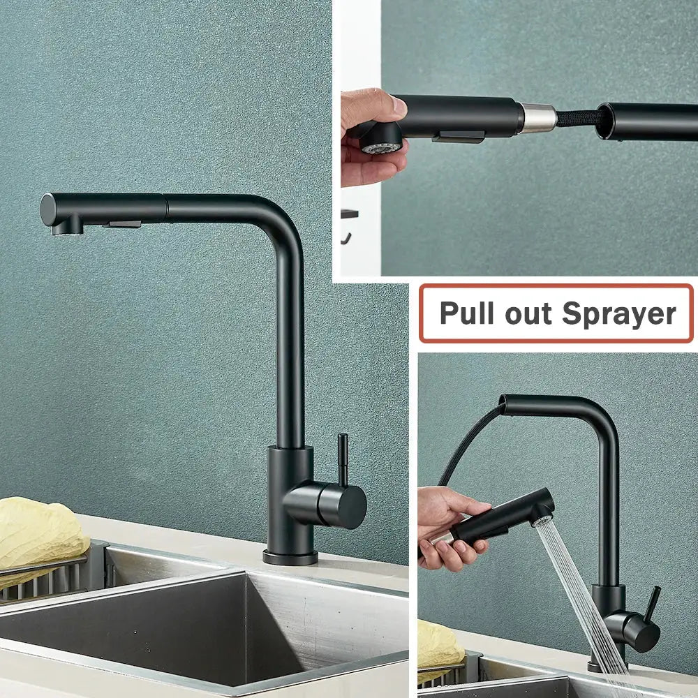 black pull out kitchen faucet with dual mode nozzle