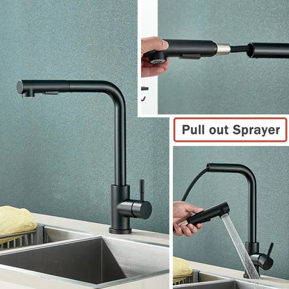 black pull out kitchen faucet with dual mode nozzle