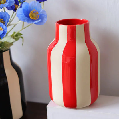 DecorBites™ Black & Red Striped Ceramic Vase - Home Decor