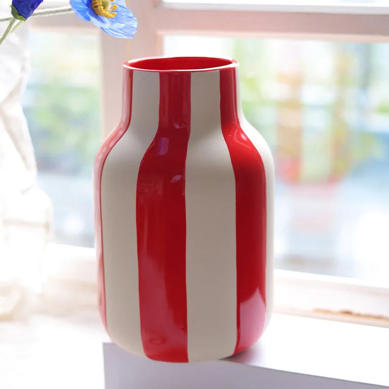 DecorBites™ Black & Red Striped Ceramic Vase - Home Decor