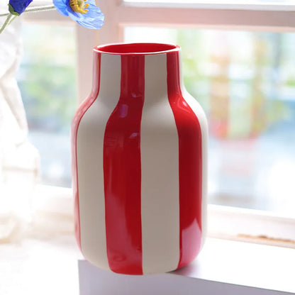 DecorBites™ Black & Red Striped Ceramic Vase - Home Decor