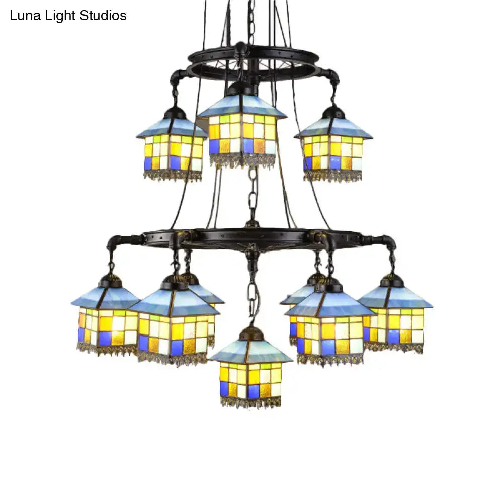 Vintage yellow & blue stained glass chandelier living room 110v-120v