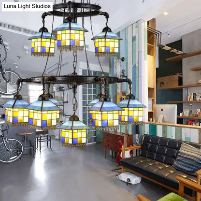 Vintage yellow & blue stained glass chandelier living room 110v-120v