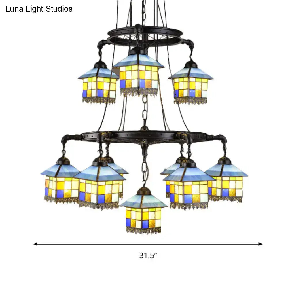 Vintage yellow & blue stained glass chandelier living room 110v-120v