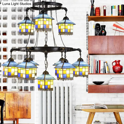 Vintage yellow & blue stained glass chandelier living room 110v-120v