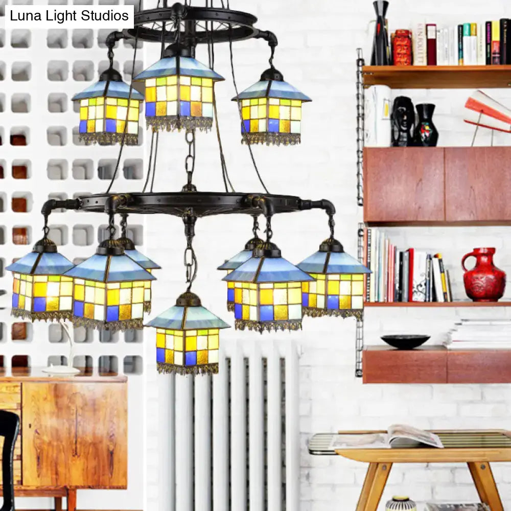 Vintage yellow & blue stained glass chandelier living room 110v-120v