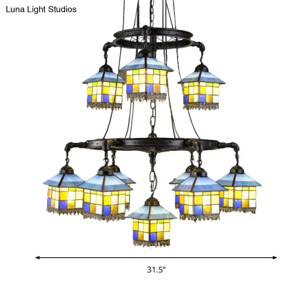 Vintage yellow & blue stained glass chandelier living room 110v-120v
