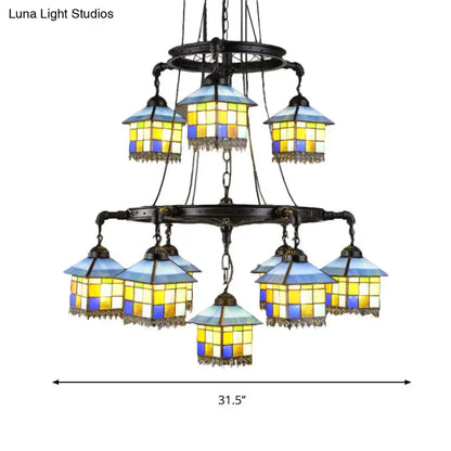 Vintage yellow & blue stained glass chandelier living room 110v-120v