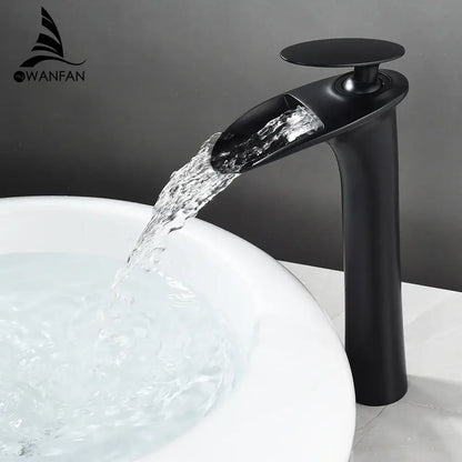 Modern black stainless steel waterfall basin faucet bathroom tap