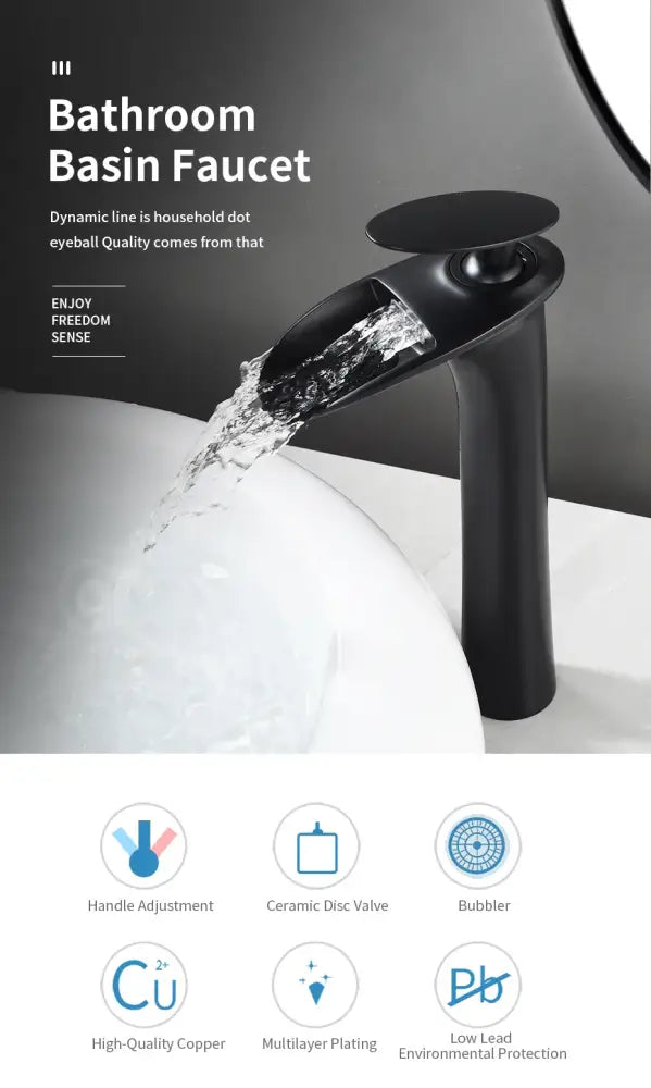 Modern black stainless steel waterfall basin faucet bathroom tap