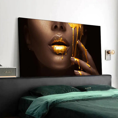 Modern blue and gold black women lips oil painting living room decor